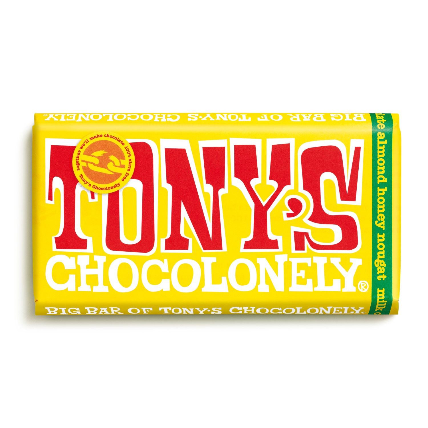 Barre de chocolat au lait, amandes et nougat au miel de Tony's Chocolonely 240 g