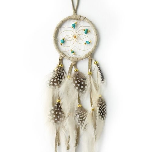 Monague Native Crafts Ltd. 2.5" Capteur de rêves tan avec pierres semi-précieuses et perles en métal doré