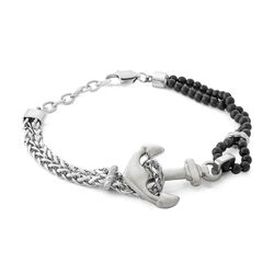 Italgem Stainless Steel Anchor Design Black Beads Link Bracelet