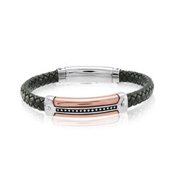 Italgem Rose-Black Steel Black Leather Adjustable Bracelet