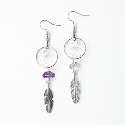 Monague Native Crafts Ltd. 0.75" Dream Catcher earrings with feather charm and amethyst stone