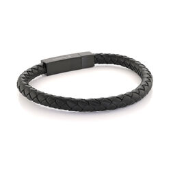 Italgem Black Ip Matte Stainless Steel Black Leather Bracelet