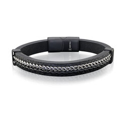 Italgem Stainless Steel Curb Link Chain & Black Leather Bracelet