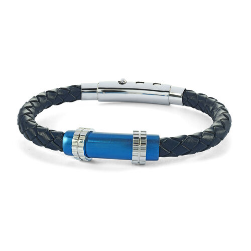 Italgem Blue Ip Stainless Steel Brush Clasp Blue Leather Bracelet